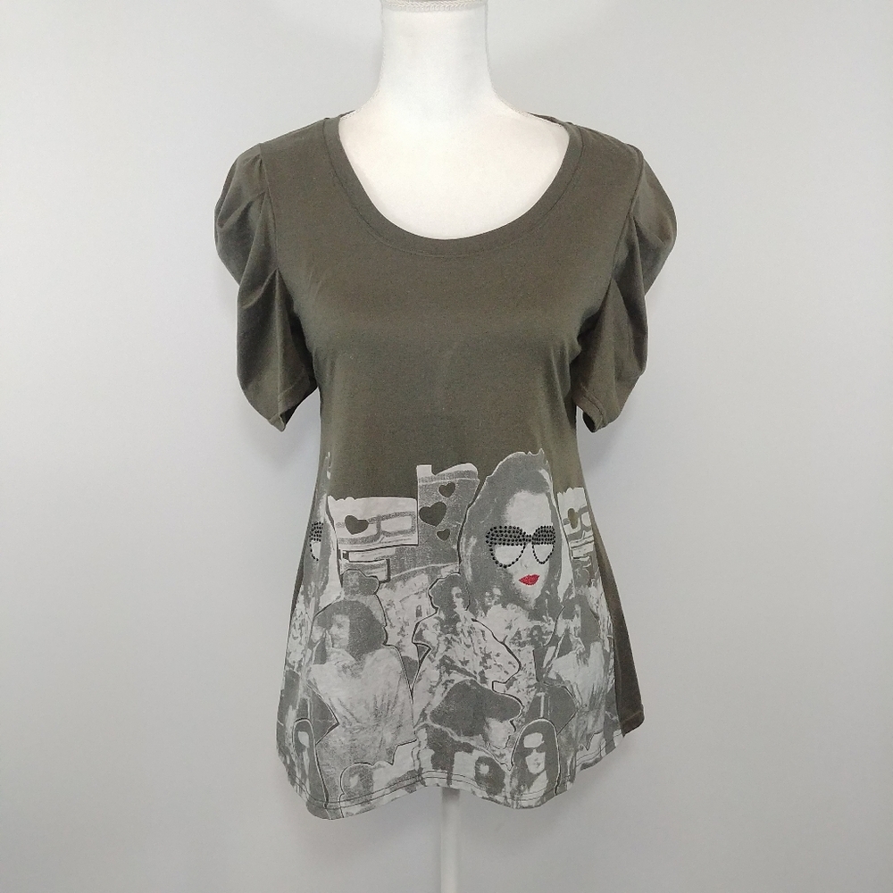H Bis Rhinestone Embellished Ruched Sleeve Shirt